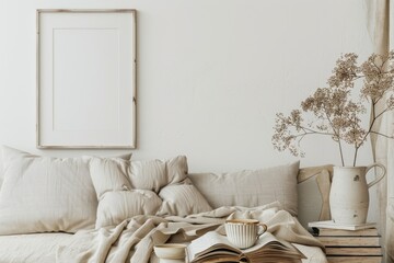 Empty frame mockup  midcentury sofa  vase  coffee  books  white wall.