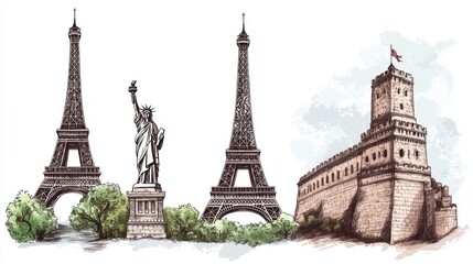 Famous travel landmarks illustration of the eiffel tower statue of liberty and great wall in millennial gray artistic view global culture