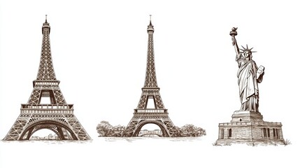 Obraz premium Eiffel tower and statue of liberty minimalist urban illustrations in millennial gray theme