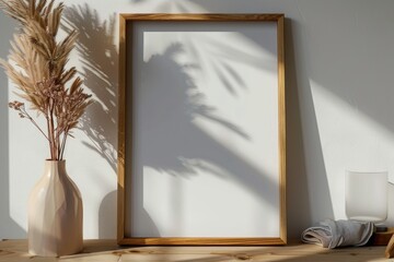 Photo frame mockup on white background with wooden frame.