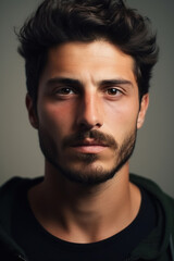 Obraz premium Portrait of a person of Italian ethnicity with bright facial features, an expressive look and stylish clothes against the background.