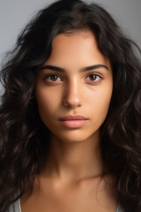 Fototapeta premium Portrait of a woman of Hispanic ethnicity with bright features, radiant smile and stylish clothes in the background.