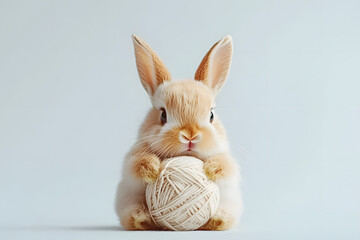 Obraz premium Bunny playing with a ball of yarn, showcasing a cute and playful moment, with soft textures and a cozy, charming atmosphere