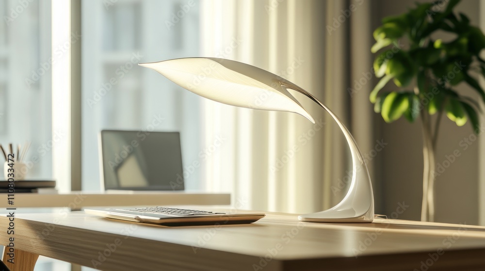 Poster here's a description and keywords for your image.. modern minimalist desk lamp illuminates a bright 