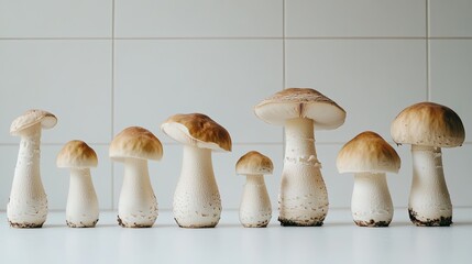 A row of mushrooms of different sizes, placed in ascending order on a white surface.