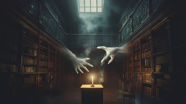 Ghostly presence in an old library, a frightened reader illuminated by a single candle, spectral hands reaching for the book. Spectral. Illustration