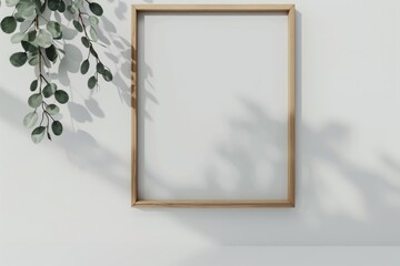 Wooden frame mockup on white wall with copy space.