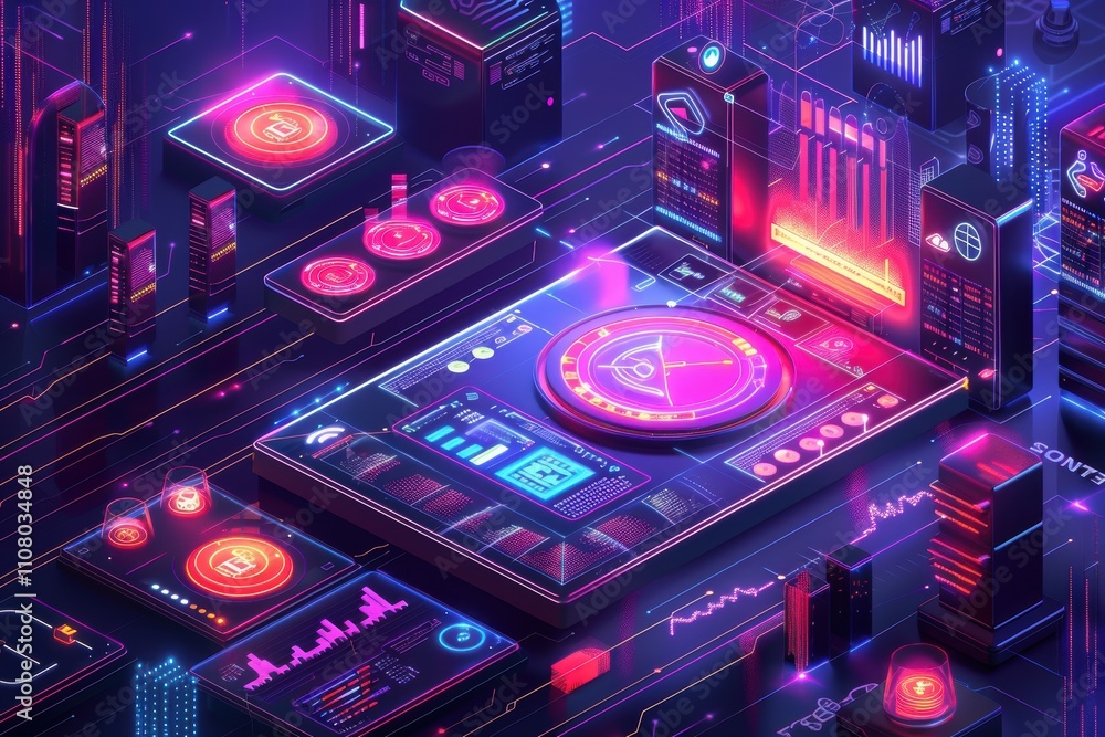 Poster a vibrant digital landscape featuring futuristic tech interfaces and data visualizations.