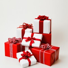 A delightful stack of colorful gifts, elegantly wrapped in red and white, adorned with charming bows, evokes the joyous spirit of Christmas and New Year festivities