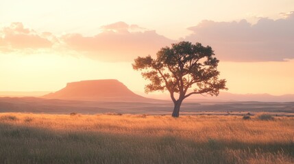 Fototapeta premium Solitary Tree Sunset Prairie Landscape