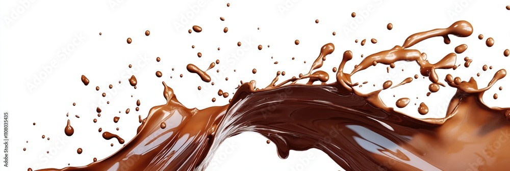 Poster chocolate liquid splash in many different shapes, sizes. brown chocolate liquid swirl, wave on white