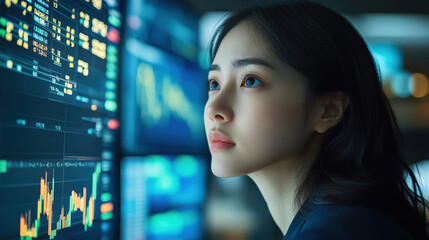 In a finance office, an Asian woman reviews stock market charts displayed on a large monitor, deeply focused on the numbers