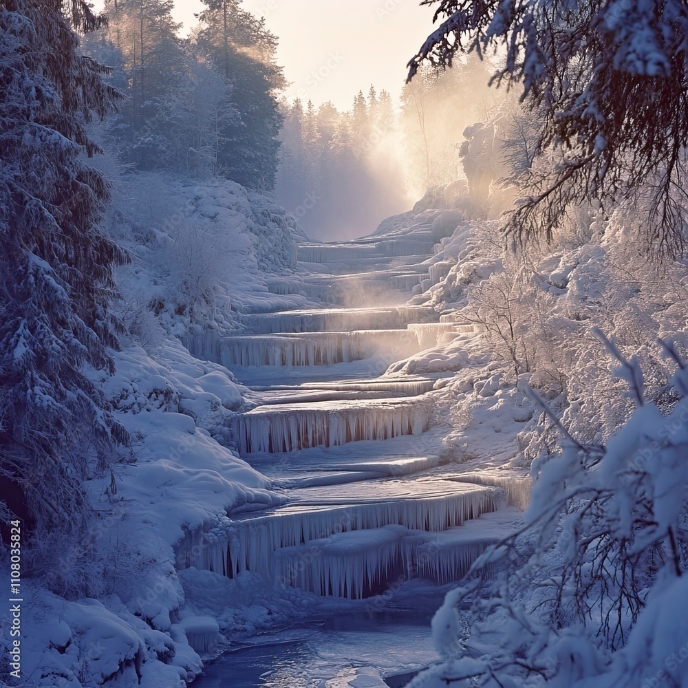 Wall mural Frozen Cascading Waterfall in a Snowy Forest Frozen Waterfalls and Ice Formations ,Winter seasson, Happy New Year, Happy christmass 