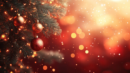 A festive Christmas scene featuring shimmering ornaments and soft glowing lights on a beautifully decorated tree.