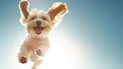 Happy dog running and flying in a sunny sky with copy space