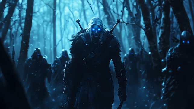 Commanding drow warrior with glowing blue eyes and silver hair leading a spectral army through a dark enchanted forest. Spectral. Illustration