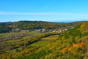Obraz premium View of Gračišče village with forest covered hill and fields in Istria, Primorska, Slovenia
