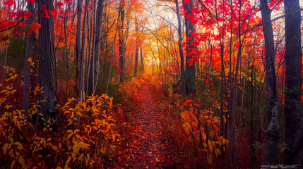 Fototapeta premium A trail through a vibrant autumn forest in upstate New York