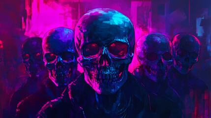 Disguised skulls in a secretive gathering, spectral glow, october night, cyberpunk style, detailed illustration, vibrant colors. Spectral. Illustration