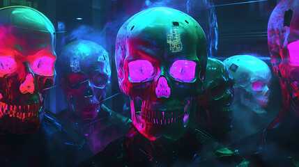 Disguised skulls in a secretive gathering, spectral glow, october night, cyberpunk style, detailed illustration, vibrant colors. Spectral. Illustration