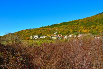View of Smokvica village bellow a forest covered slope in autumn in Istria, Primorska, Slovenia