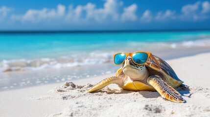 Obraz premium Sea Turtle Relaxing at Tropical Beach with Sunglasses on Sand
