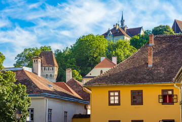 Medieval cityscape architecture in Sighisoara town, historical region of Transylvania, Romania,...