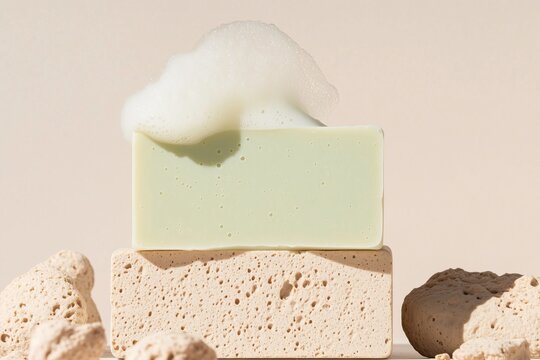 two olive-green soap bars stacked vertically, with a creamy foam cascading down the top bar. The soaps are placed on a coarse, neutral surface