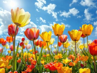 Obraz premium A vibrant field of colorful tulips under a bright blue sky.