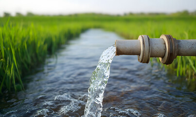 Clean water flowing out of a water pipe in a field, symbolising the importance of irrigation and water distribution in agriculture, with a serene and refreshing rural landscape