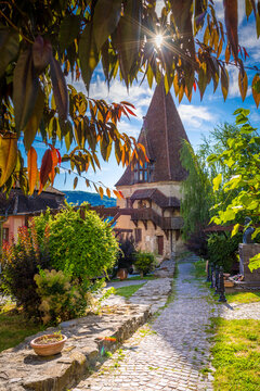 Medieval cityscape architecture in Sighisoara town, historical region of Transylvania, Romania, Europe