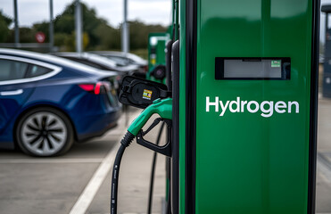 Fototapeta premium Hydrogen fuel station, showcasing a modern refuelling setup with clean energy infrastructure, highlighting the future of sustainable transportation and eco-friendly fuel solutions