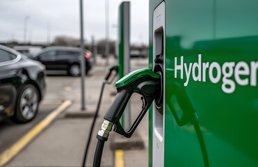 Hydrogen fuel station, showcasing a modern refuelling setup with clean energy infrastructure, highlighting the future of sustainable transportation and eco-friendly fuel solutions