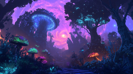 Psychedelic forest with glowing trees and surreal mushrooms