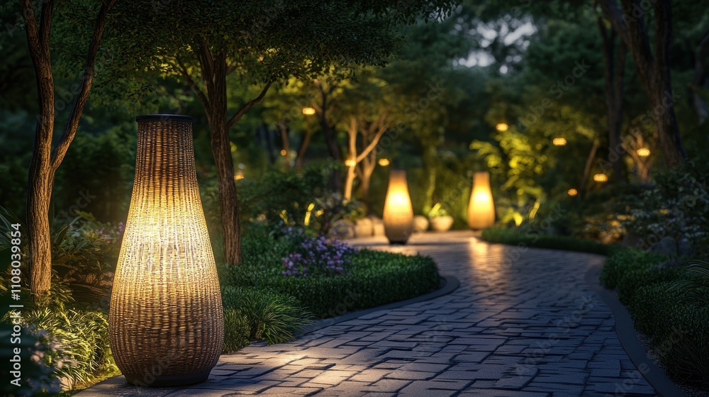 Poster here's a description and keywords for your image.. serene night garden path illuminated by warm path