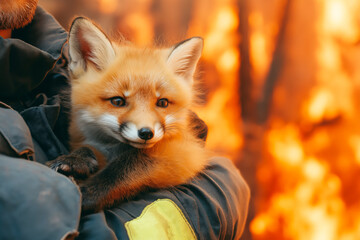 Obraz premium Firefighter rescues a fox cub during wildfire efforts while providing care and protection amid advancing flames in a dramatic rescue operation
