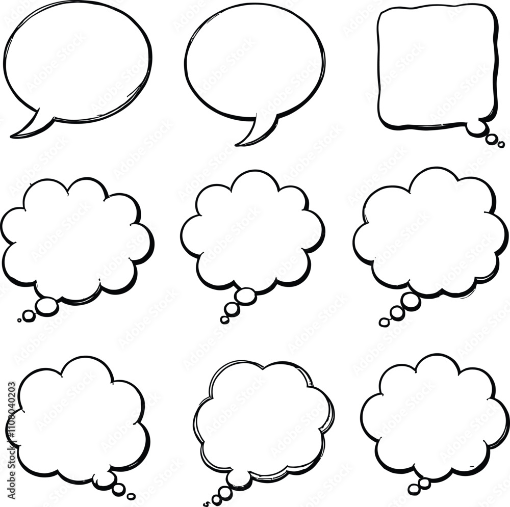 Poster blank empty speech and thought bubbles line art bundle vector illustration set