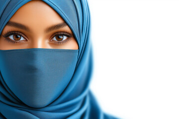 Naklejka premium Woman with elegant blue hijab and captivating gaze posed against a white background, highlighting cultural identity and fashion aesthetics