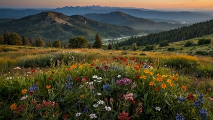 Fototapeta premium Mountain view with wildflowers in the foreground.