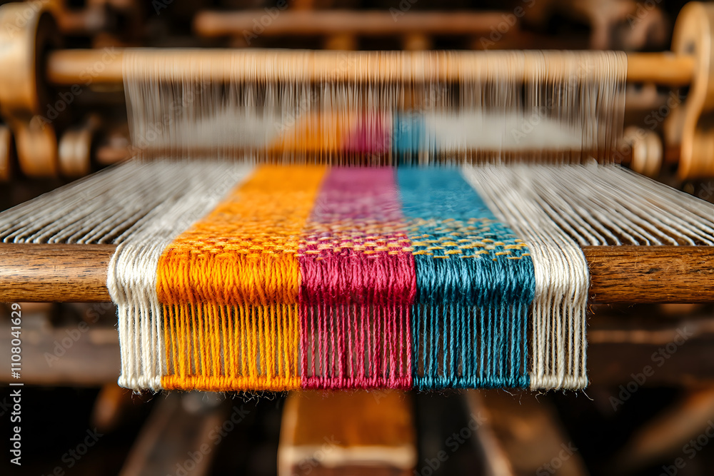 Poster loom weaving colourful fabric, showcasing vibrant threads being interlaced to create intricate patte