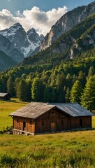 Obraz premium Mountainous landscape with a charming wooden warehouse.