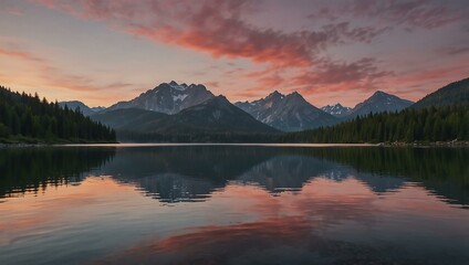 Fototapeta premium Mountainous landscape with serene lake and pink sky at dawn.