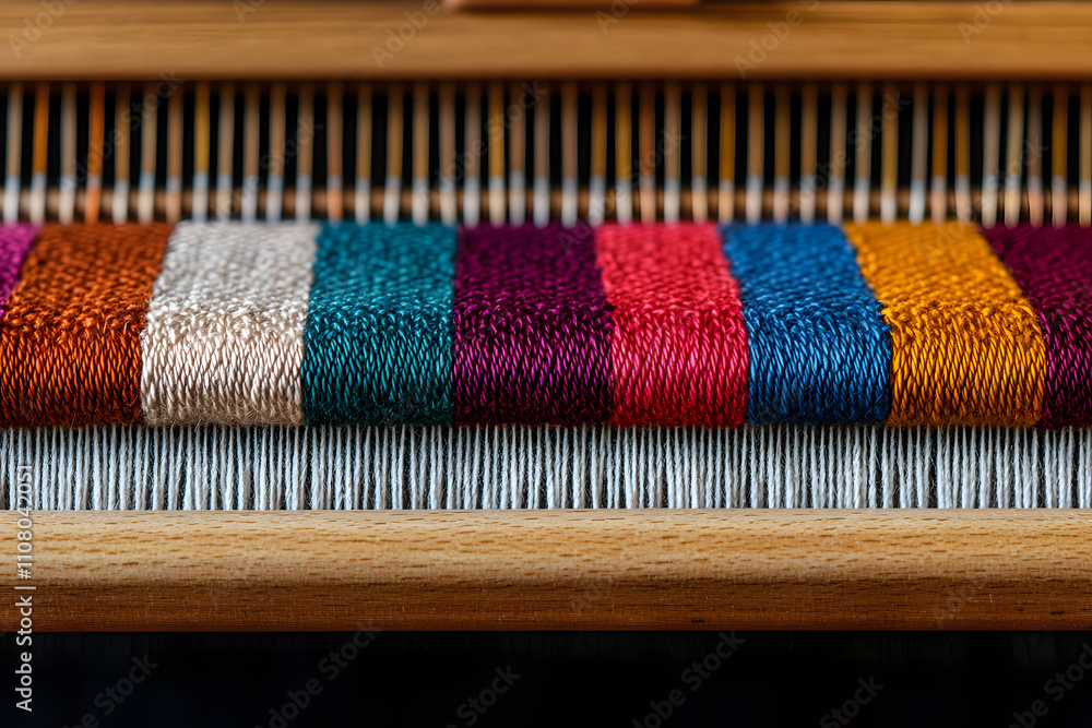 Poster loom weaving colourful fabric, showcasing vibrant threads being interlaced to create intricate patte