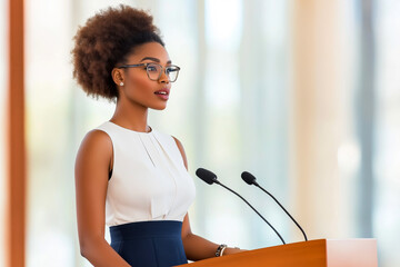 Confident Black woman delivering a speech at a conference in a bright, modern venue with large windows during the daytime