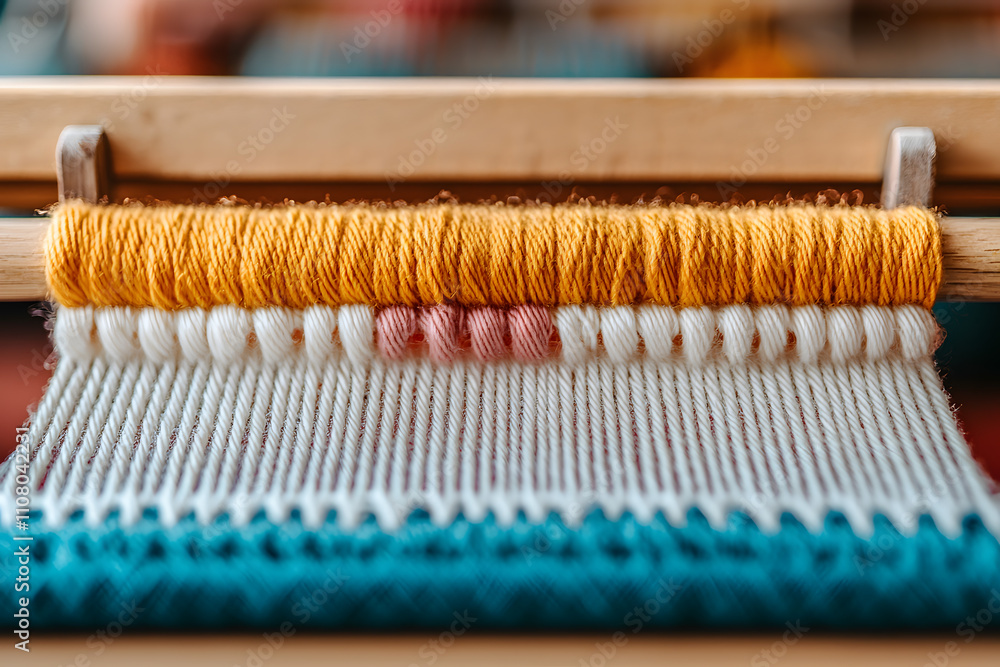 Poster loom weaving colourful fabric, showcasing vibrant threads being interlaced to create intricate patte