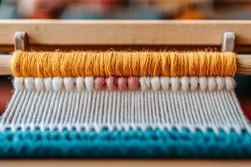 Loom weaving colourful fabric, showcasing vibrant threads being interlaced to create intricate patterns, highlighting the skill and artistry involved in textile craftsmanship