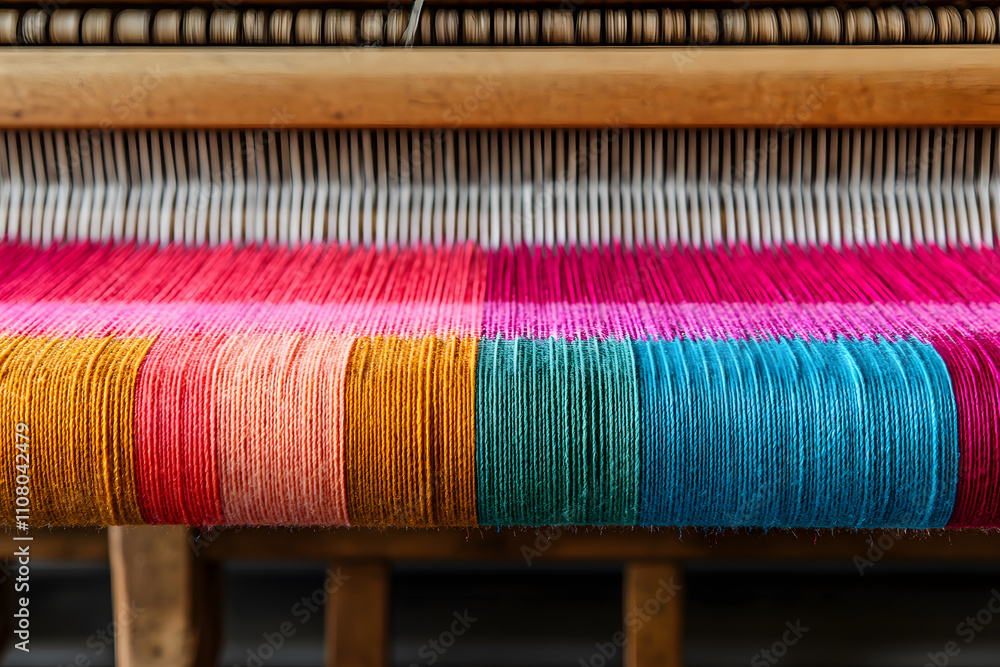 Poster loom weaving colourful fabric, showcasing vibrant threads being interlaced to create intricate patte
