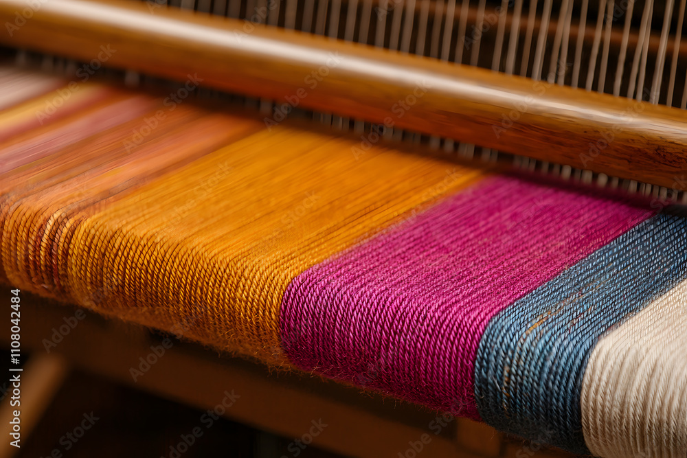 Poster loom weaving colourful fabric, showcasing vibrant threads being interlaced to create intricate patte