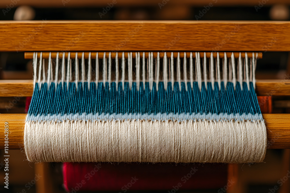 Poster loom weaving colourful fabric, showcasing vibrant threads being interlaced to create intricate patte