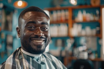 Fototapeta premium Black male barber entrepreneur smiling in shop with hair clippers.